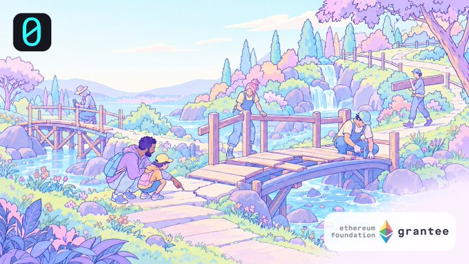 Digital artwork of a lush landscape with people crossing wooden bridges and waterfalls, featuring logos for the Ethereum Foundation and grantee.