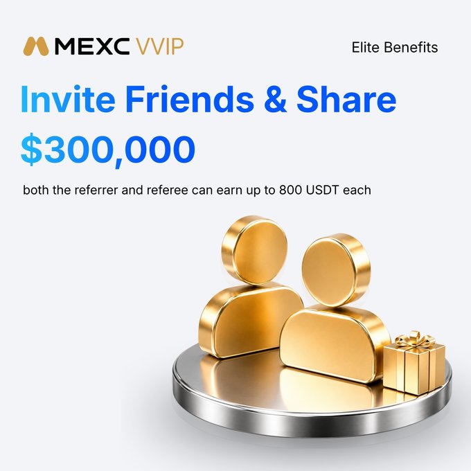 A MEXC VVIP promotional graphic displaying 'Elite Benefits: Invite Friends & Share $300,000' with text noting both referrer and referee can earn up to 800 USDT each.
