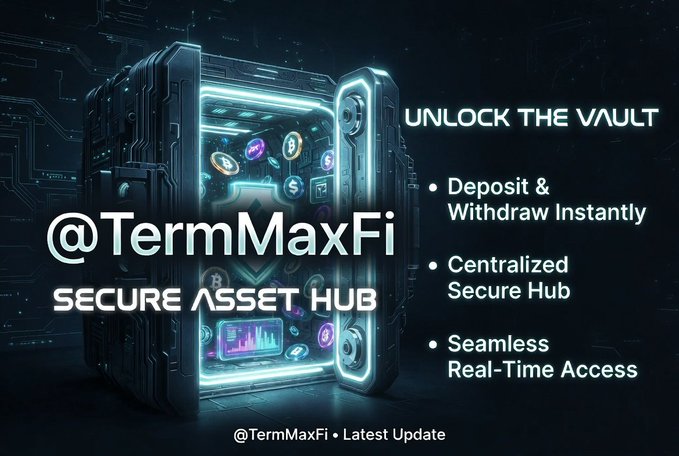 The image features an open vault with a screen displaying various icons related to cryptocurrency trading and security. The caption below the vault reads "Unlock the vault", indicating that the vault can be accessed for trading purposes. The image also includes text about the @TermMaxFi vault system, which is a digital safe used by TermMaxFi I in their trading platform.