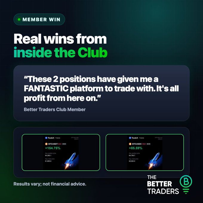 A promotional graphic for "Better Traders Club" highlighting "Real wins from inside the Club" with a member testimonial reading: 'These 2 positions have given me a FANTASTIC platform to trade with. It's all profit from here on.' Below are screenshots showing BTCUSDT gains of +154.75% and +85.59%, with the disclaimer 'Results vary; not financial advice.'