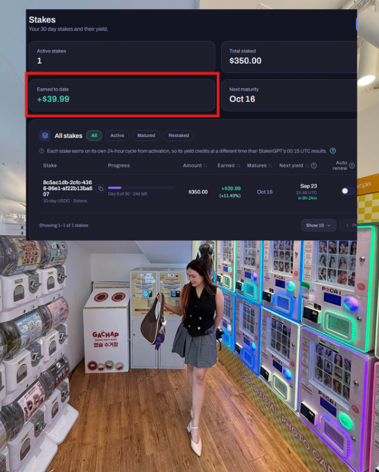A crypto staking dashboard displays "Stakes" with "Active stakes: 1", "Total staked: $350.00", and "Earned to date: +$39.99" highlighted in a red box, overlaid on an image of a woman in an arcade with claw machines.