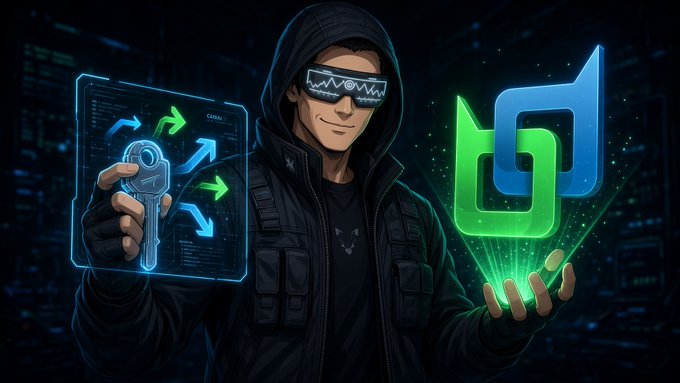A digital illustration of a hooded hacker figure wearing glowing visor glasses, holding a holographic key with directional arrows in one hand and a glowing green and blue logo in the other.