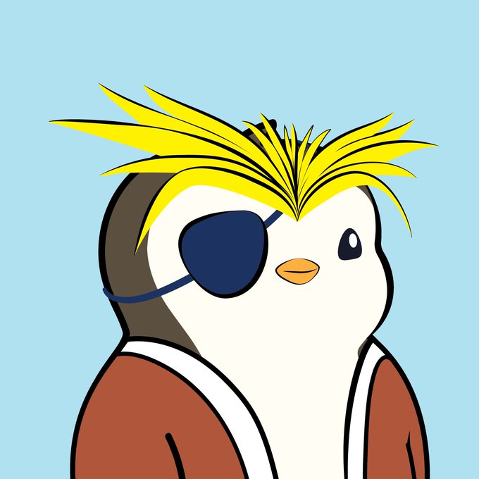 The image features a cartoon penguin wearing glasses, a brown jacket with a hoodie, and yellow hair styled into an updo. The penguin has a pirate hat on its head and sunglasses. The background of the image is blue, which contrasts nicely with the penguin's outfit. There are no other objects or text in the image besides the penguin itself.