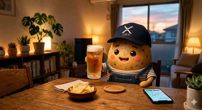 The image features a cartoon potato character sitting at a dining table with a beer glass, surrounded by various objects such as potted plants, books, and a cell phone. The scene appears to be set indoors during the evening or night time, creating an atmosphere of relaxation and leisure.