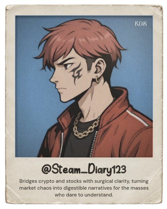 Polaroid-style anime character portrait of a red-haired youth with a facial tattoo, earring, and gold chain; text reads '@Steam_Diary123' and 'Bridges crypto and stocks with surgical clarity, turning market chaos into digestible narratives for the masses who dare to understand.'