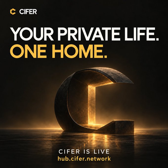 A dark, dramatic promotional graphic for CIFER featuring a large metallic "C" logo illuminated by golden light against a black background, with the tagline "YOUR PRIVATE LIFE. ONE HOME." and the URL "hub.cifer.network" displayed, visually reinforcing the brand's promise of unifying private digital communications under a single secure platform.