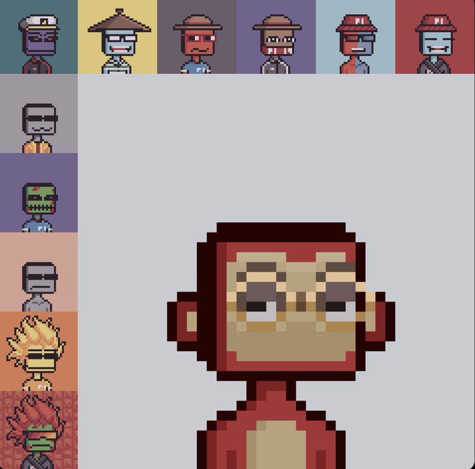 A pixel art image showing various stylized character portraits along the top and left side, with a large central character wearing glasses and a red hooded outfit.