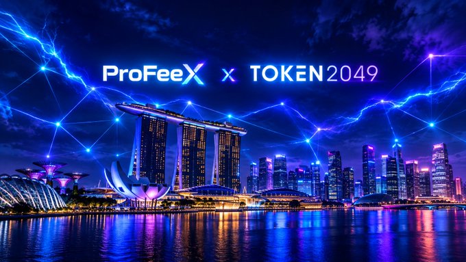 A collaboration banner for 'ProFeeX x TOKEN2049' displayed over a neon-lit nighttime cityscape of Singapore featuring the iconic skyline and Marina Bay Sands.