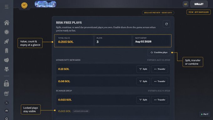 A dark-themed user interface dashboard for managing 'RISK FREE PLAYS', showing a total value of 0.205 SOL and 3 plays, with annotations pointing out features like 'Value, count & expiry at a glance', 'Split, transfer or combine', and 'Locked plays stay visible'.