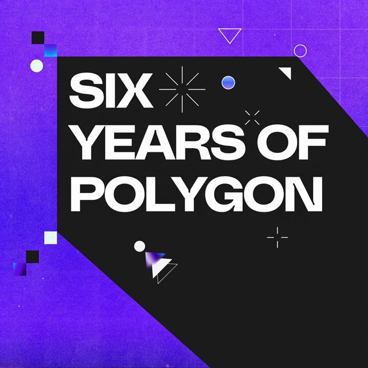 The image features a purple background with white text that reads "Six Years Of Polygon". Below the title, there are illustrations of cake and candles, suggesting a celebration or event related to the theme of the six years of the Polygon Chain. The overall design is simple yet eye-catching, drawing attention to both the content and the visual elements within the image.