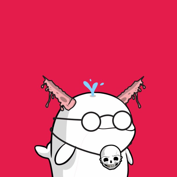 A cartoon whale character with horns, glasses, and a skull pendant appears on a red background, as water splashes from the top of its head. The image fits the post's theme of steadfast belief in @whacky_whales, visually representing the "tide turning" metaphor with the splash of water emerging from the resilient whale figure.