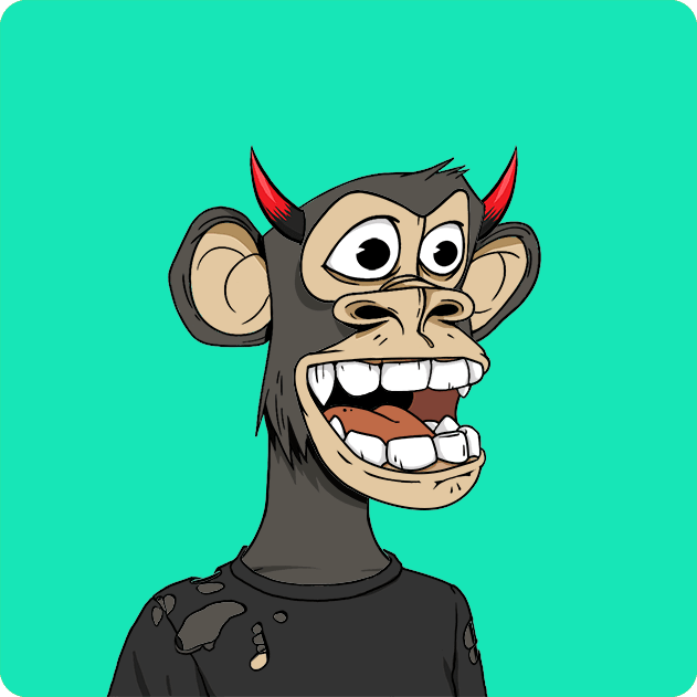 The image features a cartoon monkey with horns, wearing a black shirt and standing against a green background. The monkey appears to be smiling and has its mouth open wide as if it's speaking or laughing. There are no other objects or texts present in the image.