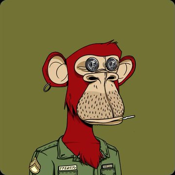 A cartoon illustration of a red monkey wearing a military uniform with sergeant stripes and a 'U.S. ARMY' nametag, featuring surreal eyes with spiral patterns and a cigarette in its mouth.