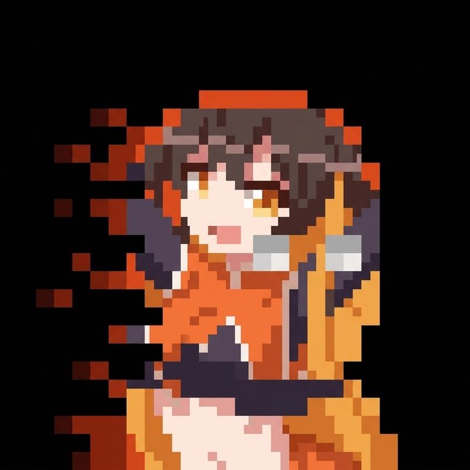 A pixel art illustration featuring an anime-style character with brown hair and orange eyes, with a glitchy, fragmented effect breaking apart the left side of the image.