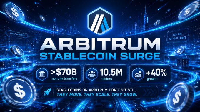 A digital graphic titled 'ARBITRUM STABLECOIN SURGE' displaying metrics including '>$70B monthly transfers', '10.5M holders', and '+40% growth' against a futuristic blue background.