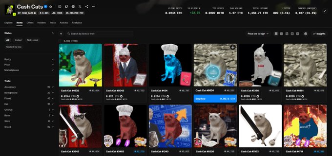 A NFT marketplace page titled 'Cash Cats' displaying a grid of cat-themed digital collectibles with various prices.
