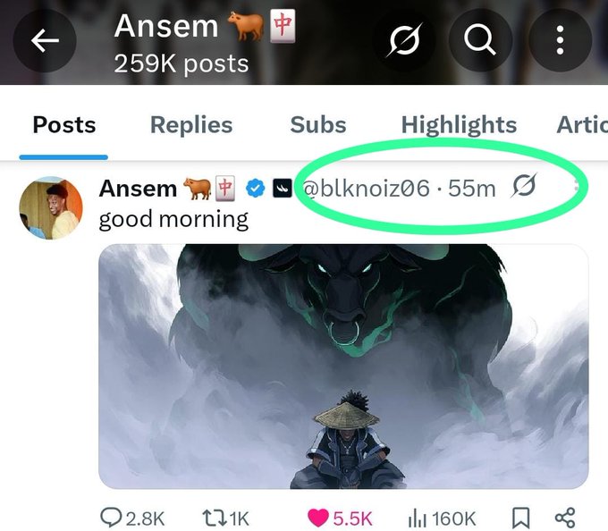 The image shows Ansem's X (Twitter) profile (@blknoiz06) with a post saying "good morning" accompanied by an anime-style illustration of a warrior confronting a large dark beast, which symbolizes the bullish sentiment and pumping momentum of the $ANSEM token referenced in the post.