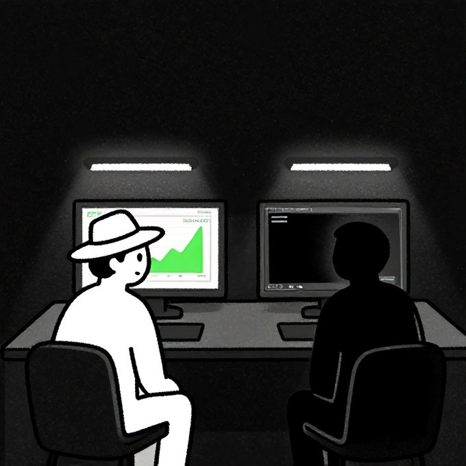 A black and white illustration shows a white stick figure in a fedora sitting at a computer displaying a rising line graph, next to a black silhouette figure at another computer screen in a dark room.