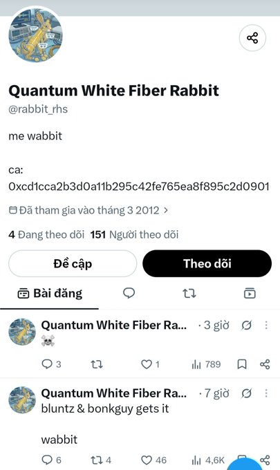 A Twitter/X profile page for 'Quantum White Fiber Rabbit' (@rabbit_rhs) displaying the bio 'me wabbit' and a crypto wallet address, along with recent posts.