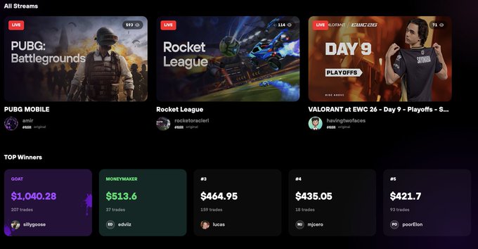 A streaming/gambling platform dashboard showing live streams for PUBG: Battlegrounds, Rocket League, and VALORANT, along with 'TOP Winners' list featuring 'sillygoose' (GOAT, $1,040.28) and others.