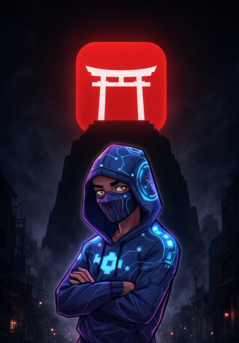 A digital illustration of a hooded, masked cyberpunk figure in blue glowing attire standing beneath a large red Torii gate (resembling the Japan crypto meme logo) against a dark futuristic cityscape.