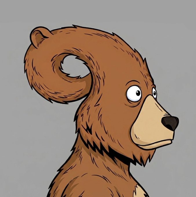 A cartoon illustration of a brown bear with a curly tuft on its head, looking to the side against a gray background.