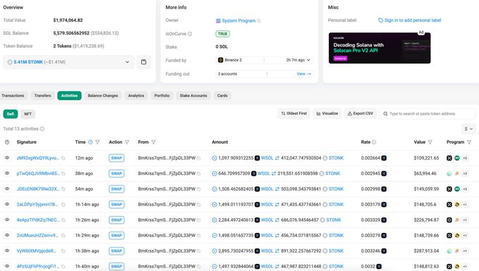 A screenshot of a Solana wallet portfolio showing a total value of $1,974,064.82 with a 5-41K STONK token balance and recent SWAP transactions listed in the activity tab.