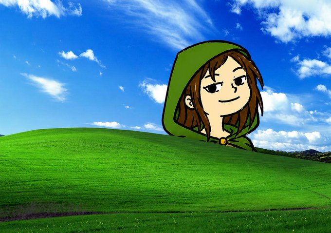 A digitally edited image combining the Windows XP 'Bliss' desktop wallpaper (green rolling hills and blue cloudy sky) with a cartoon-style drawing of a smug-looking girl in a green hood.