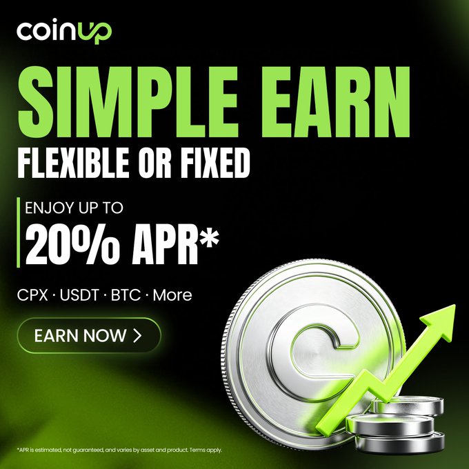 A promotional advertisement for CoinUp's 'SIMPLE EARN' program offering up to 20% APR on CPX, USDT, BTC, and more, featuring an 'EARN NOW' button and an image of a coin with an upward arrow.
