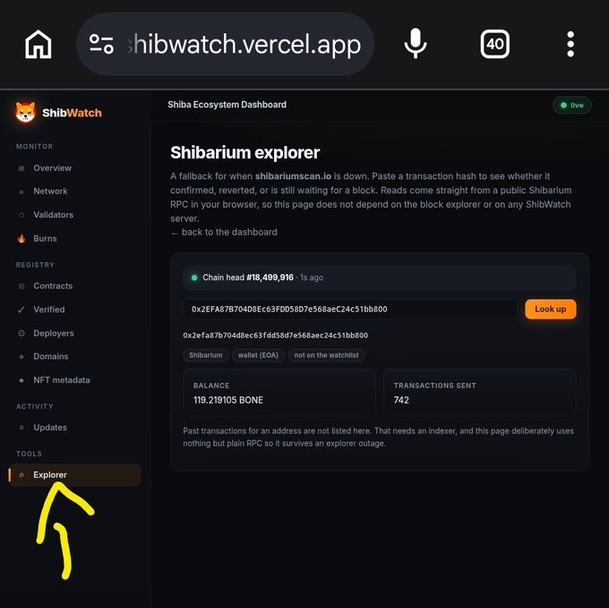 A screenshot of the ShibWatch website (shibwatch.vercel.app) showing the Shibarium explorer tool, with an arrow pointing to the 'Explorer' option in the sidebar menu.