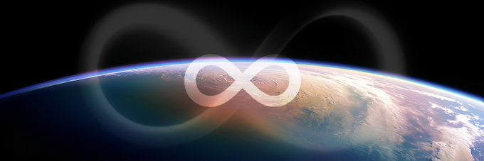 An artistic image of Earth viewed from space with a glowing infinity symbol superimposed over it, surrounded by luminous orbital rings.
