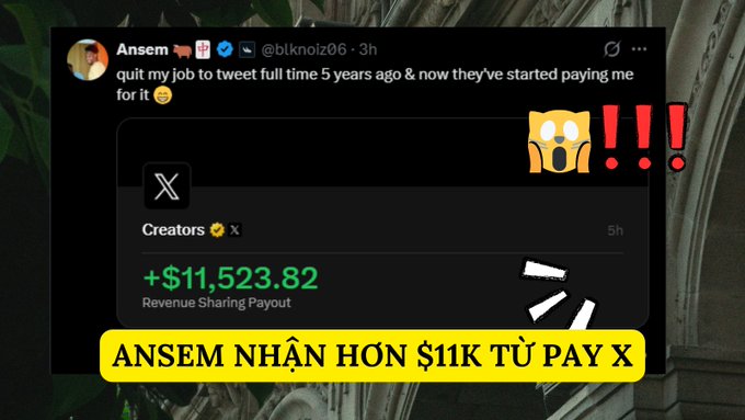 A social media post screenshot showing user @bknolz06 announcing a payout of +$11,523.82 in Revenue Sharing from X, captioned in Vietnamese 'ANSEM NHẬN HƠN $11K TỪ PAY X'.