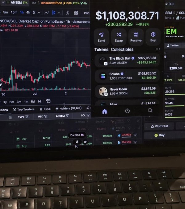 A laptop screen displays trading charts showing $ANSEM priced at $1,108,308.71 with a +48.88% gain, alongside a mobile view of a crypto portfolio showing tokens like "The Black Bull ($ANSEM)" and "Solana," visually supporting the post's claim of turning a $5,000 investment into $1,000,000.