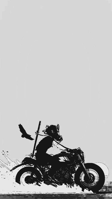 A black ink illustration shows an anthropomorphic figure wearing a horned helmet riding a motorcycle with a sword strapped to the back, accompanied by a flying bird, rendered in a sketchy, monochromatic style.