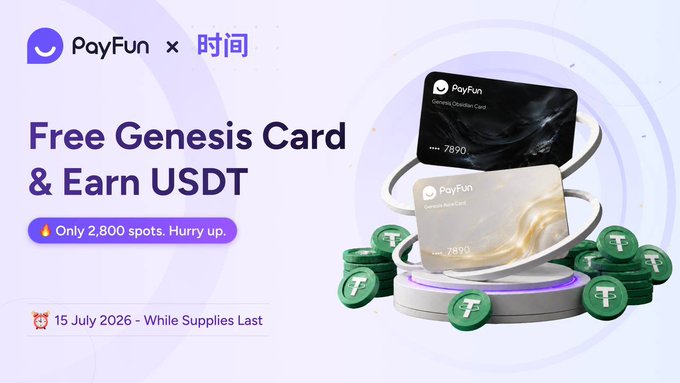 A PayFun promotional banner advertising a 'Free Genesis Card & Earn USDT' with 'Only 2,800 spots. Hurry up.' and an expiration date of 15 July 2026, showing credit cards and USDT coins.