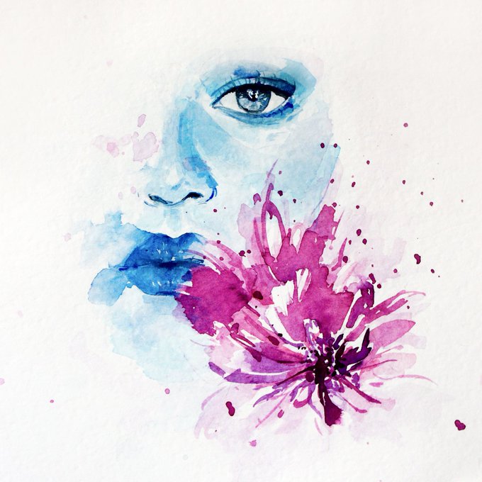 A watercolor painting featuring a partial blue-toned face with one striking blue eye, partially obscured by a vibrant magenta flower with paint splatters in the background. The artwork, titled "Vesper," connects to the post as the first piece from the artist's "Unspoken" collection to be collected on the objkt.com NFT marketplace.