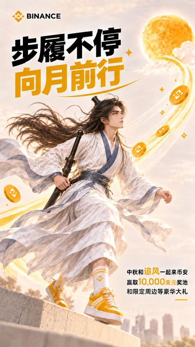 A Binance promotional poster featuring a swordsman in traditional robes walking toward a full moon, with Chinese text reading '步履不停 向月前行' (Keep walking, stride toward the moon) and a giveaway of 10,000 USDT for the Mid-Autumn Festival.