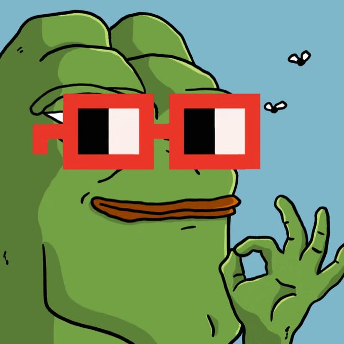 A cartoon Pepe the Frog wears pixelated red sunglasses and makes an OK hand sign.