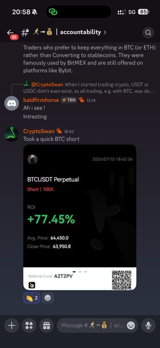 The image shows a Discord screenshot of a trader named "CryptoSwan" sharing a successful BTCUSDT Perpetual short trade with a +77.45% ROI, entering at an average price of 64,450.0 and closing at 63,950.8. This screenshot illustrates the post's message by showcasing the kind of profitable, journaled trading wins the accountability-focused community is achieving in real time.