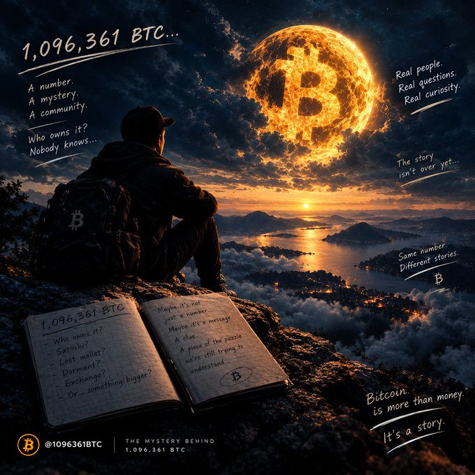 Artistic promotional image for '1,096,361 BTC' featuring a hooded figure overlooking a landscape with a flaming Bitcoin moon, exploring the mystery of who owns this massive amount of BTC.