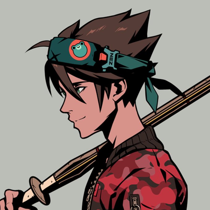 A cartoon-style side profile illustration of a brown-haired character with green eyes wearing a teal headband with a smiling face logo and 'JENSEN' text, holding a sword and wearing a red camouflage jacket.