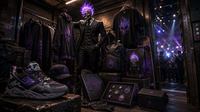 A dark, gothic-style merchandising display featuring purple flame and skull motifs, showcasing hoodies, sneakers, a cap, and accessories arranged around a purple-haired mannequin.