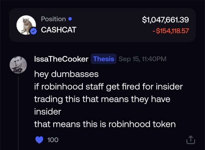 A Discord or social media screenshot showing a $CASHCAT token position worth $1,047,661.39 with a -$154,118.57 loss, and a message from IssaTheCooker joking 'if robinhood staff get fired for insider trading this that means they have insider that means this is robinhood token.'