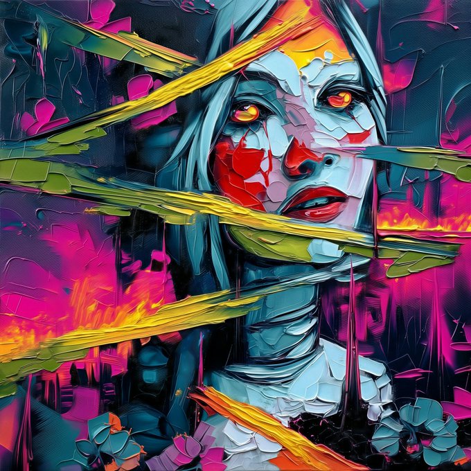 A colorful, abstract painting depicts a fragmented female face with glowing eyes, wrapped in yellow bands and surrounded by vibrant flowers and flames.