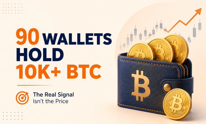 A promotional graphic reading '90 WALLETS HOLD 10K+ BTC' with the tagline 'The Real Signal Isn't the Price,' showing a blue leather wallet filled with gold Bitcoin coins against a chart background with an upward arrow.