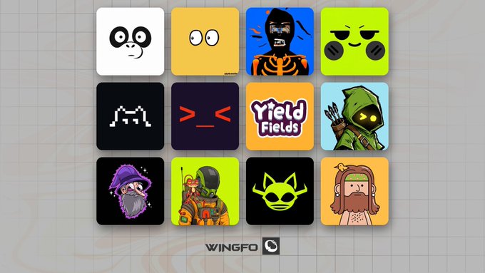 A grid of 12 colorful NFT profile pictures and character icons is displayed, including a skeleton, masked ninja, wizard, and archer, with visible text "YIELD FIELDS" and the "WINGFO" logo at the bottom, serving as a visual teaser for upcoming NFT projects mentioned in the post.