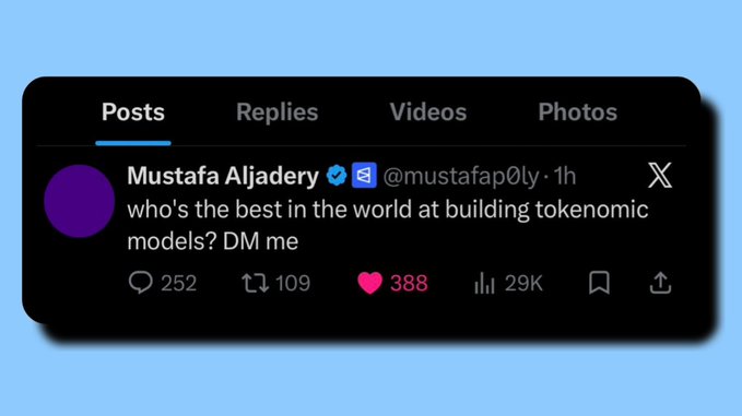 A screenshot of an X post from verified user Mustafa Aljadery (@mustafap0ly) asking "who's the best in the world at building tokenomic models? DM me," with 252 replies, 109 reposts, 388 likes, and 29K views. The post ties into the $POLY airdrop discussion by highlighting community speculation around tokenomics for the upcoming airdrop.