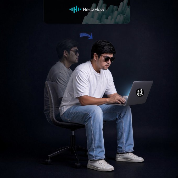 A HertzFlow advertisement showing a man in a white t-shirt, jeans, and sunglasses typing on a laptop, with his reflection/ghost image behind him, suggesting speed or transformation.