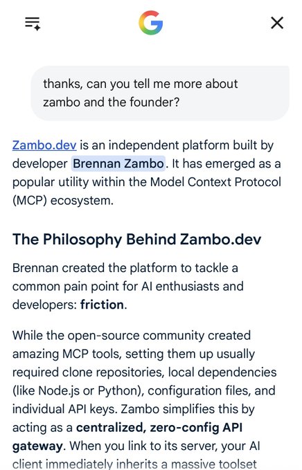 A mobile browser screenshot showing a Google search result explaining that 'Zambo.dev is an independent platform built by developer Brennan Zambo' acting as a centralized, zero-config API gateway within the MCP ecosystem.