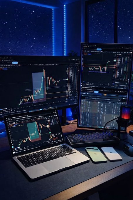 A multi-screen trading setup featuring a laptop and two monitors displaying candlestick charts and financial data, set on a desk with a starry blue LED-lit room in the background.